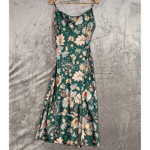 Paper Heart Green Floral Satin Midi Slip Dress Size M Boho 90s Cowl Neck Slit